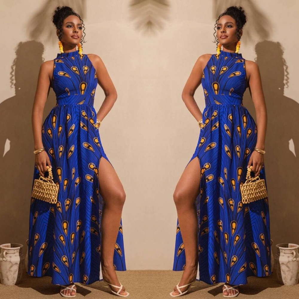 - NWOT Vibrant Blue Patterned Maxi Dress